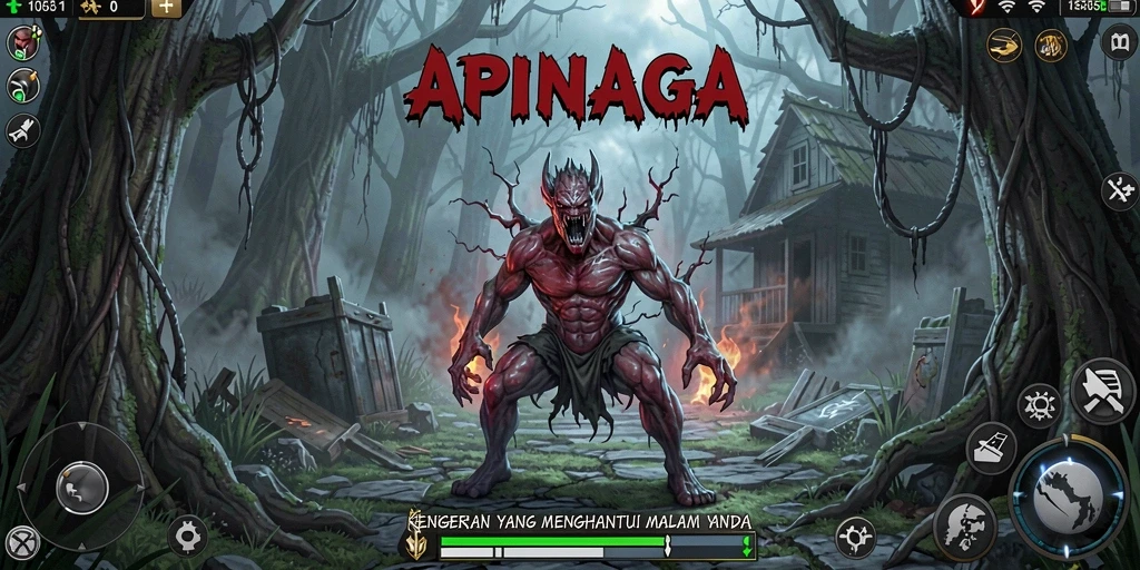 Tangkapan layar menampilkan suasana mencekam dari gameplay APINAGA.