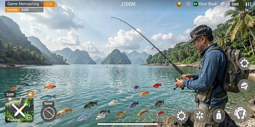 Screenshot gameplay J200M yang menunjukkan aksi memancing seru.