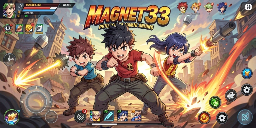 Screenshot gameplay MAGNET33 yang menunjukkan aksi seru karakter anime.