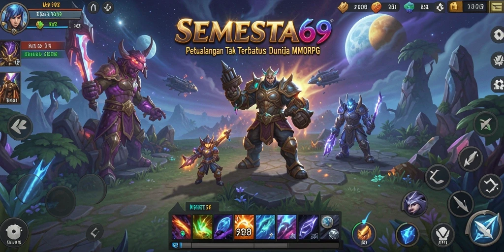 Tampilan gameplay SEMESTA69 menampilkan dunia fantasi yang indah dan pertempuran seru.