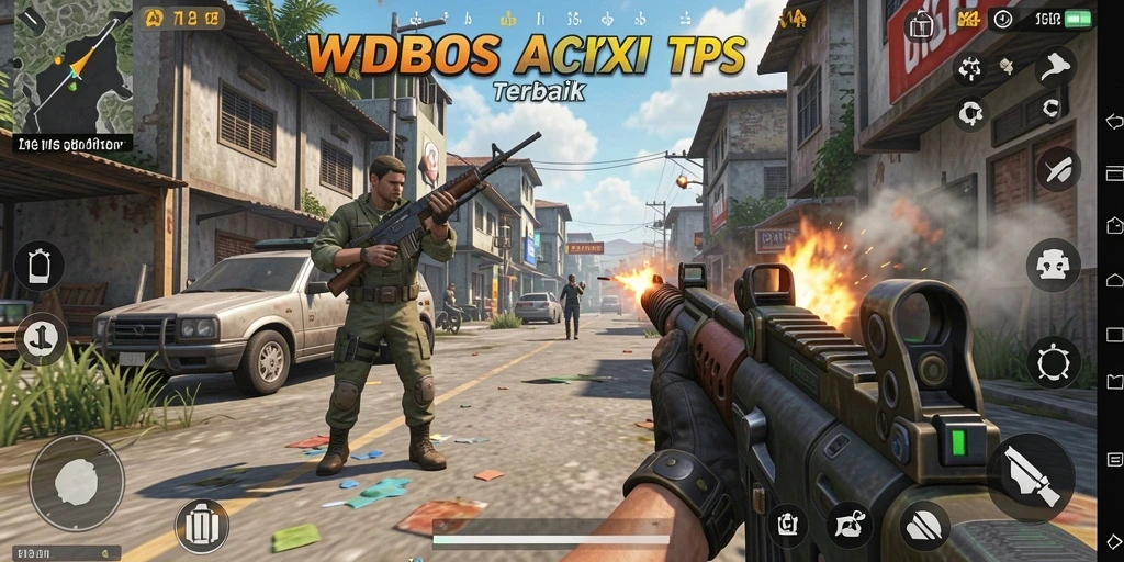 Screenshot utama WDBOS menunjukkan aksi mendebarkan dalam permainan TPS.